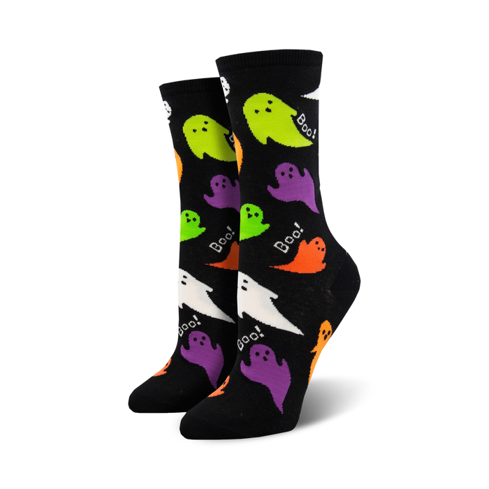 womens black crew socks with a colorful halloween-inspired ghost pattern.   }}