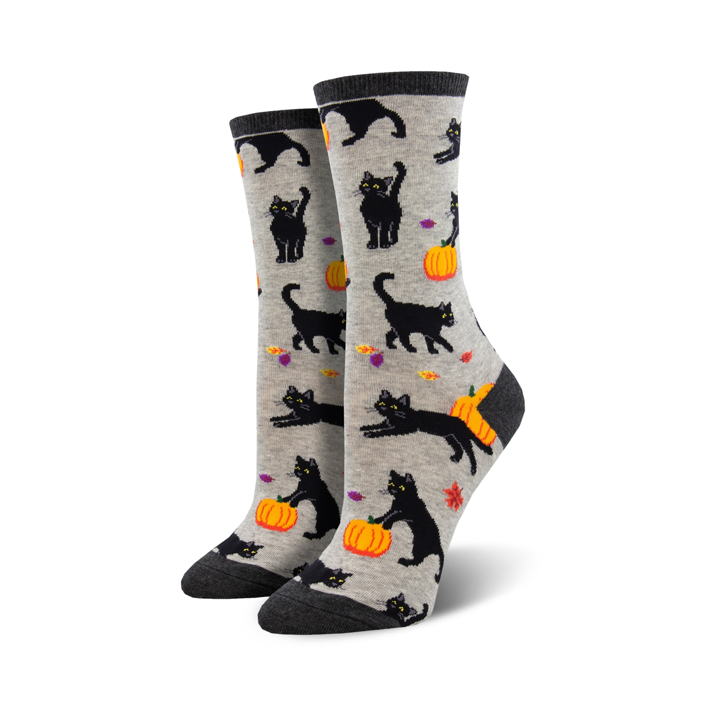 A pair of women's crew socks.  Grey background with black cats and orange pumpkins.  Halloween-themed.