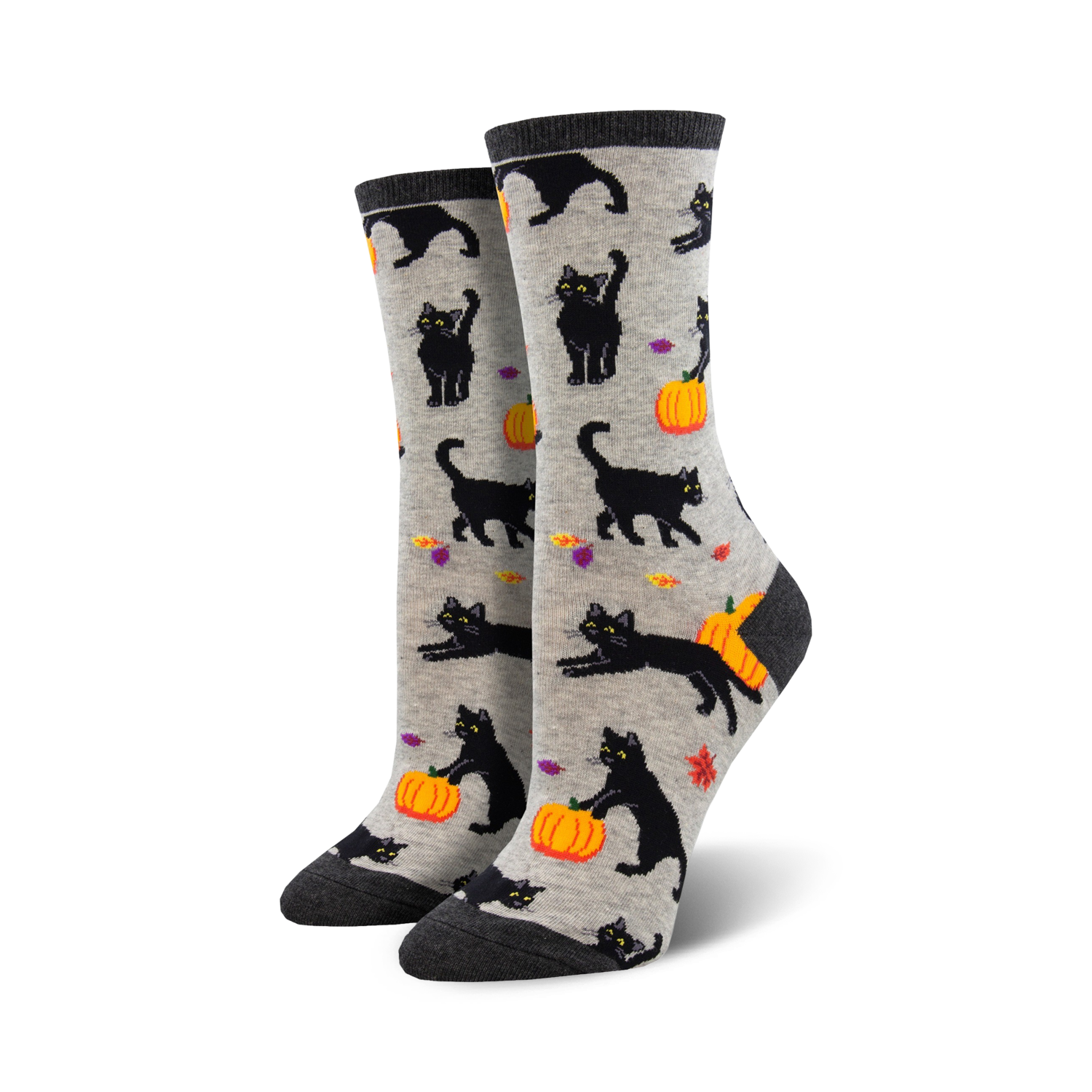 A pair of women's crew socks.  Grey background with black cats and orange pumpkins.  Halloween-themed.