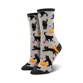 women's gray crew socks with black cats, pumpkins, leaves pattern for halloween.   