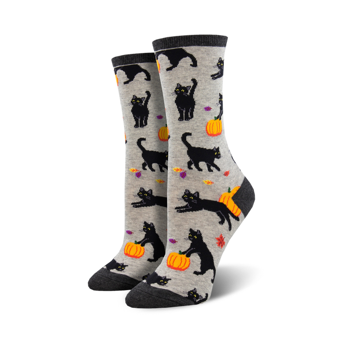 women's gray crew socks with black cats, pumpkins, leaves pattern for halloween.    }}