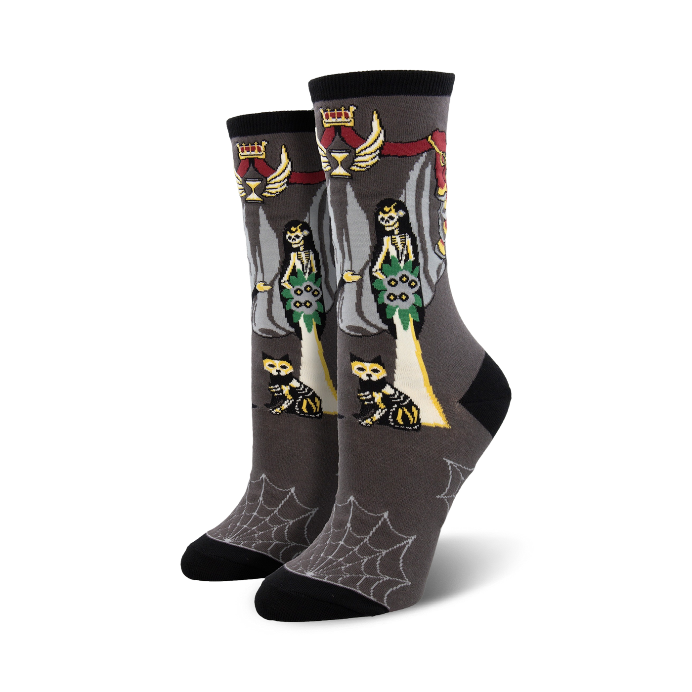 Gray crew socks with Catrina skeleton brides, skeletal cats, and a spiderweb pattern at the bottom.  Red, green, and yellow accents.