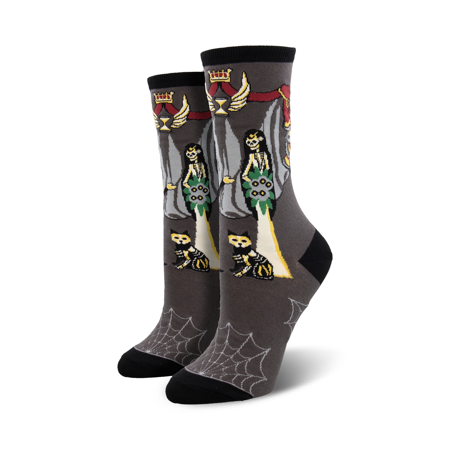 Gray crew socks with Catrina skeleton brides, skeletal cats, and a spiderweb pattern at the bottom.  Red, green, and yellow accents.