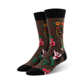 Pair of crew socks in olive green and navy blue, showcasing classic tattoo-style mermaids, roses, anchors, and stars.