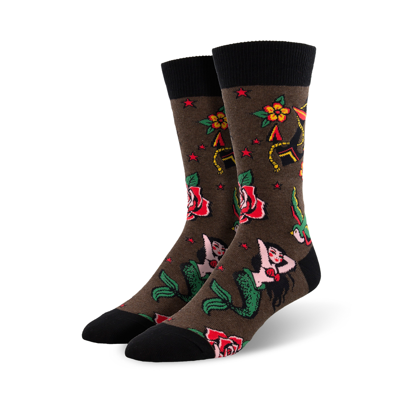 Pair of crew socks in olive green and navy blue, showcasing classic tattoo-style mermaids, roses, anchors, and stars.