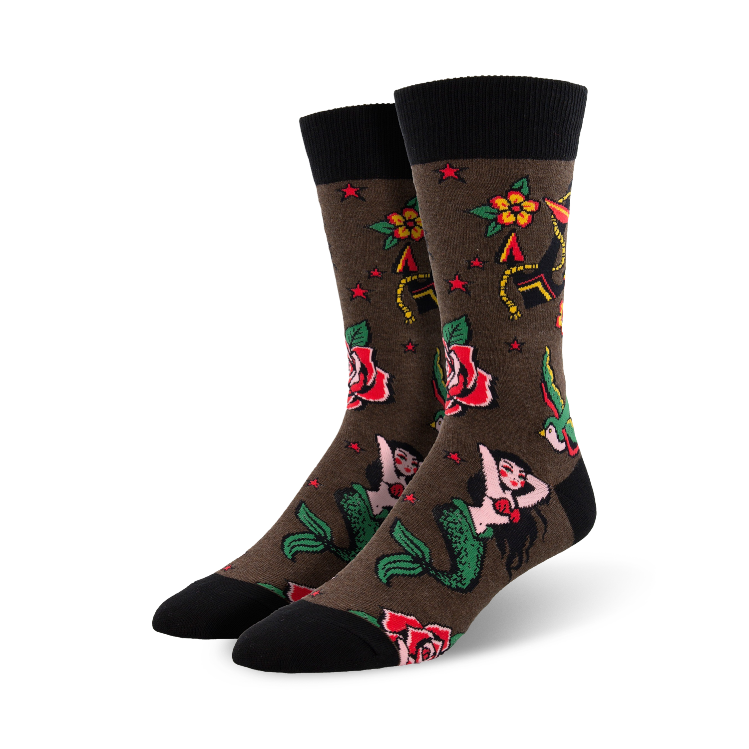 Pair of crew socks in olive green and navy blue, showcasing classic tattoo-style mermaids, roses, anchors, and stars.