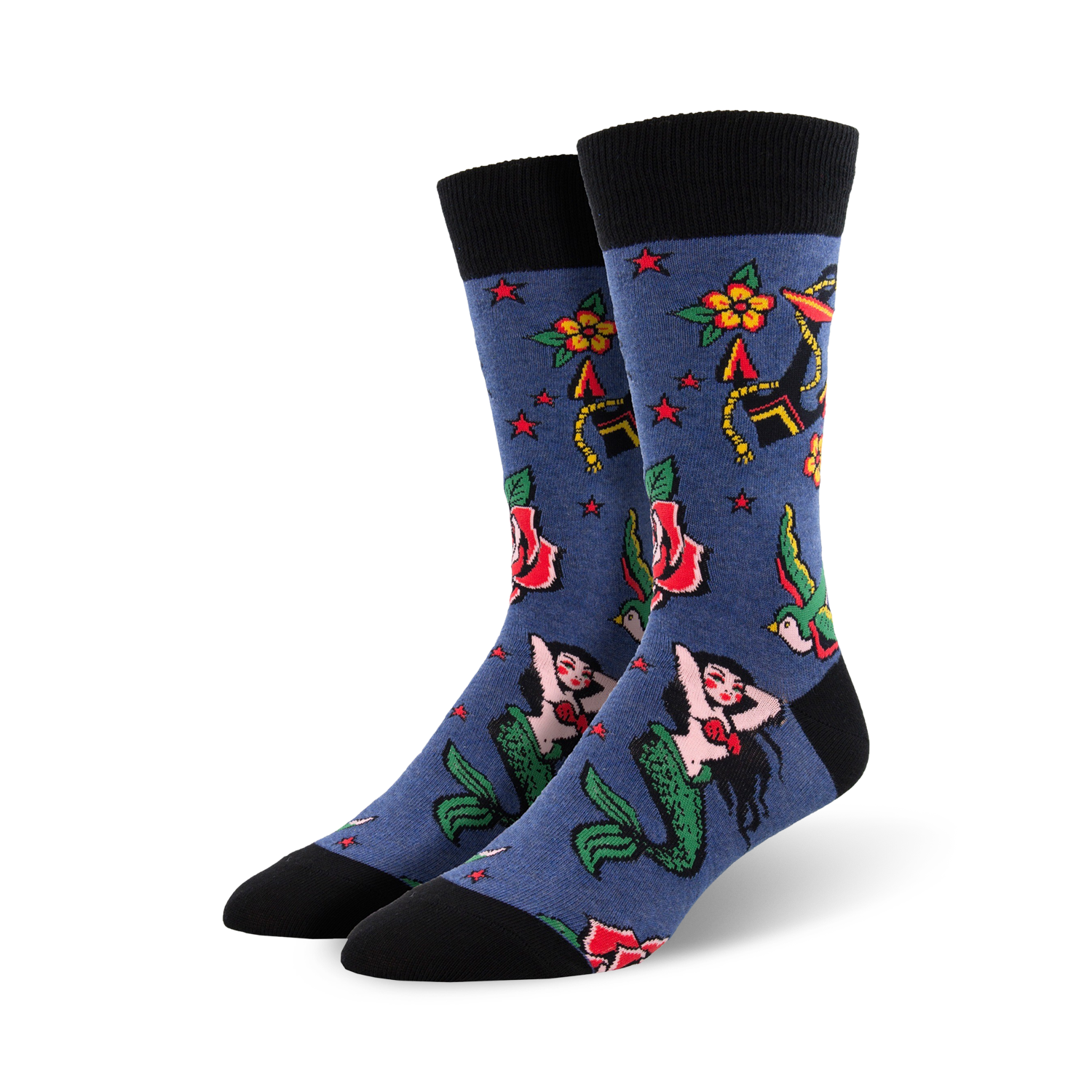 Lifestyle shot showing the blue Traditional Tats socks on a model's feet.