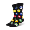 Pair of crew socks; black background with colorful billiard ball designs; numbers 1-10 shown.