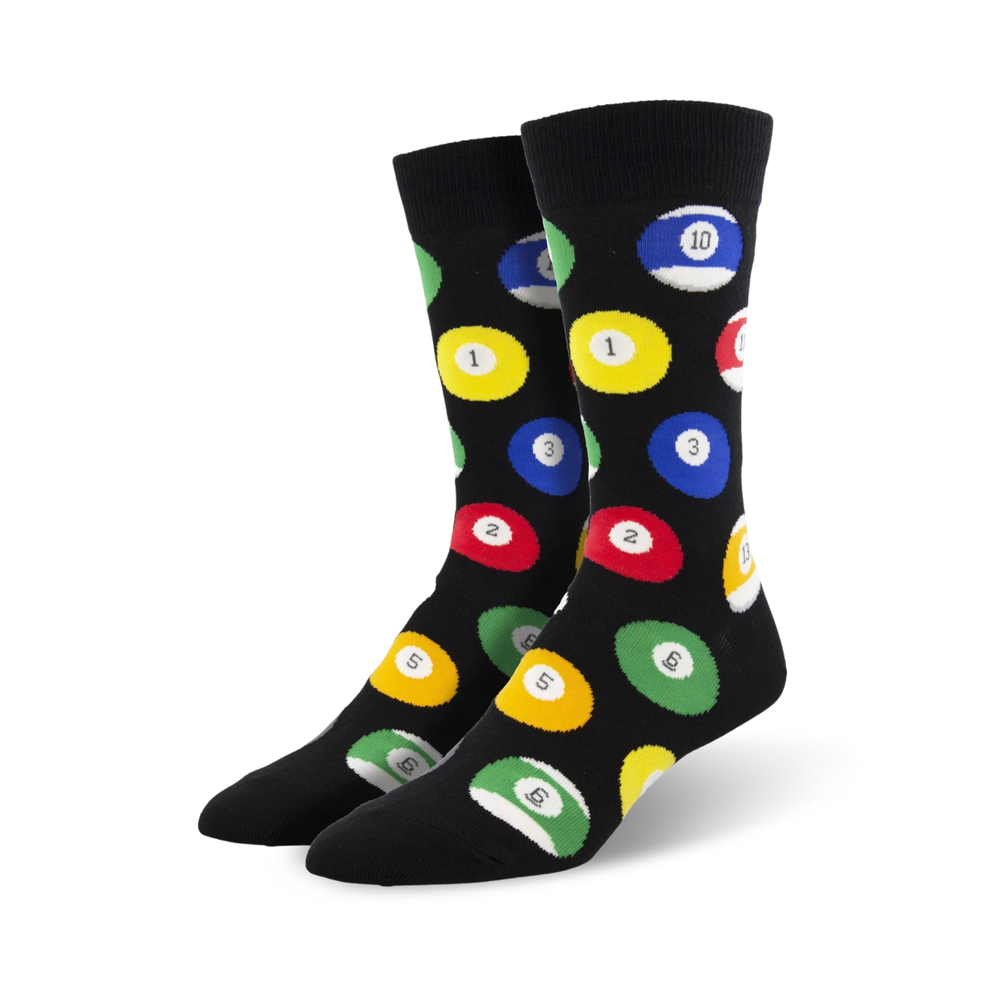 Pair of crew socks; black background with colorful billiard ball designs; numbers 1-10 shown.