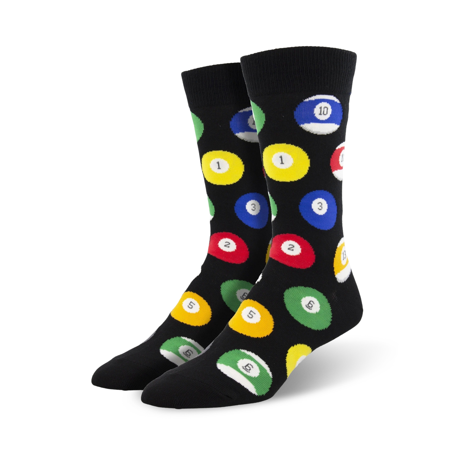 Pair of crew socks; black background with colorful billiard ball designs; numbers 1-10 shown.