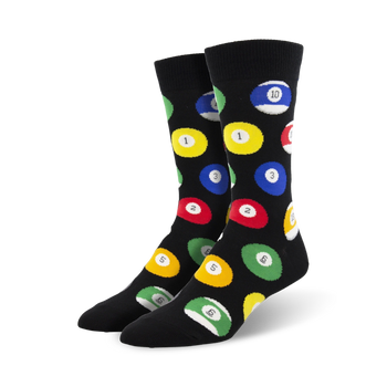 black crew socks with a colorful billiard ball pattern.   