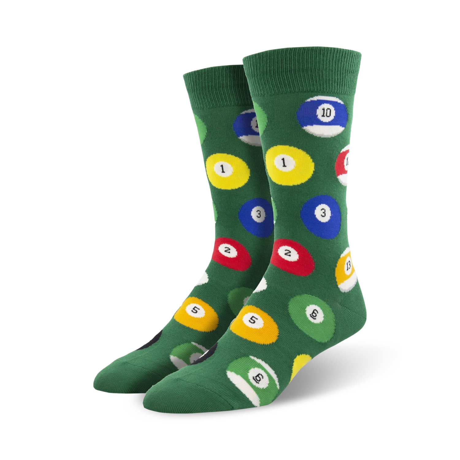 Lifestyle shot showing the green billiard ball socks on a person's feet.