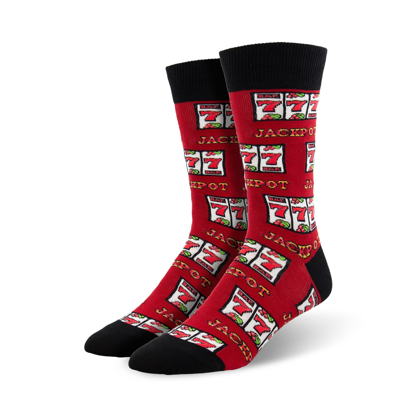 Pair of red crew socks with a black cuff.  The socks are covered in a repeating pattern of slot machine images showing three lucky sevens and the word Jackpot.