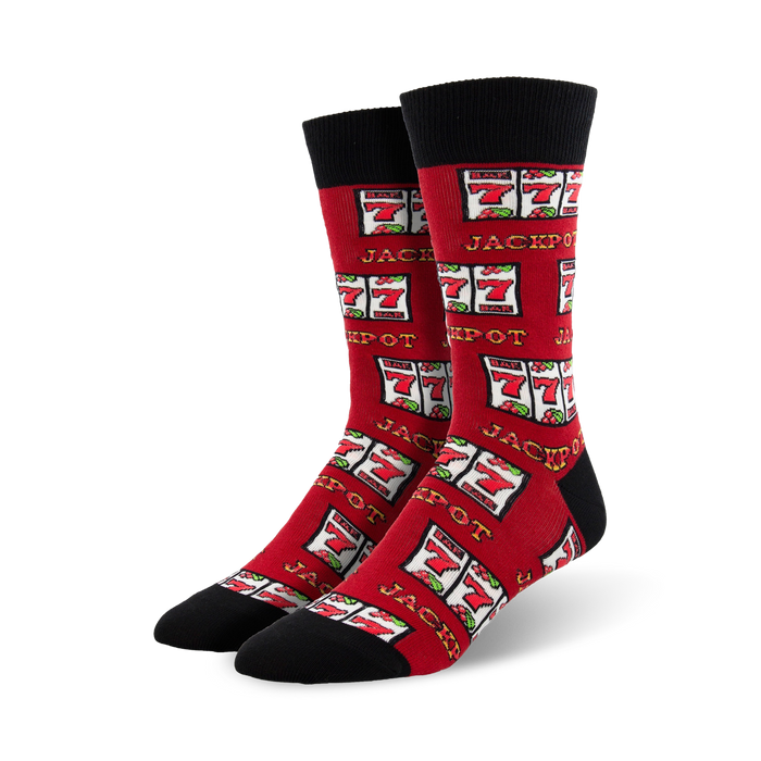 red crew length men's socks, featuring a pattern of slot machines with cherries, lemons, and bells printed on them. jackpot is printed on the slot machines.   }}