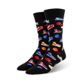 Pair of black crew socks with a colorful sneaker print. The sneakers are red, blue, orange, and white on a black background.