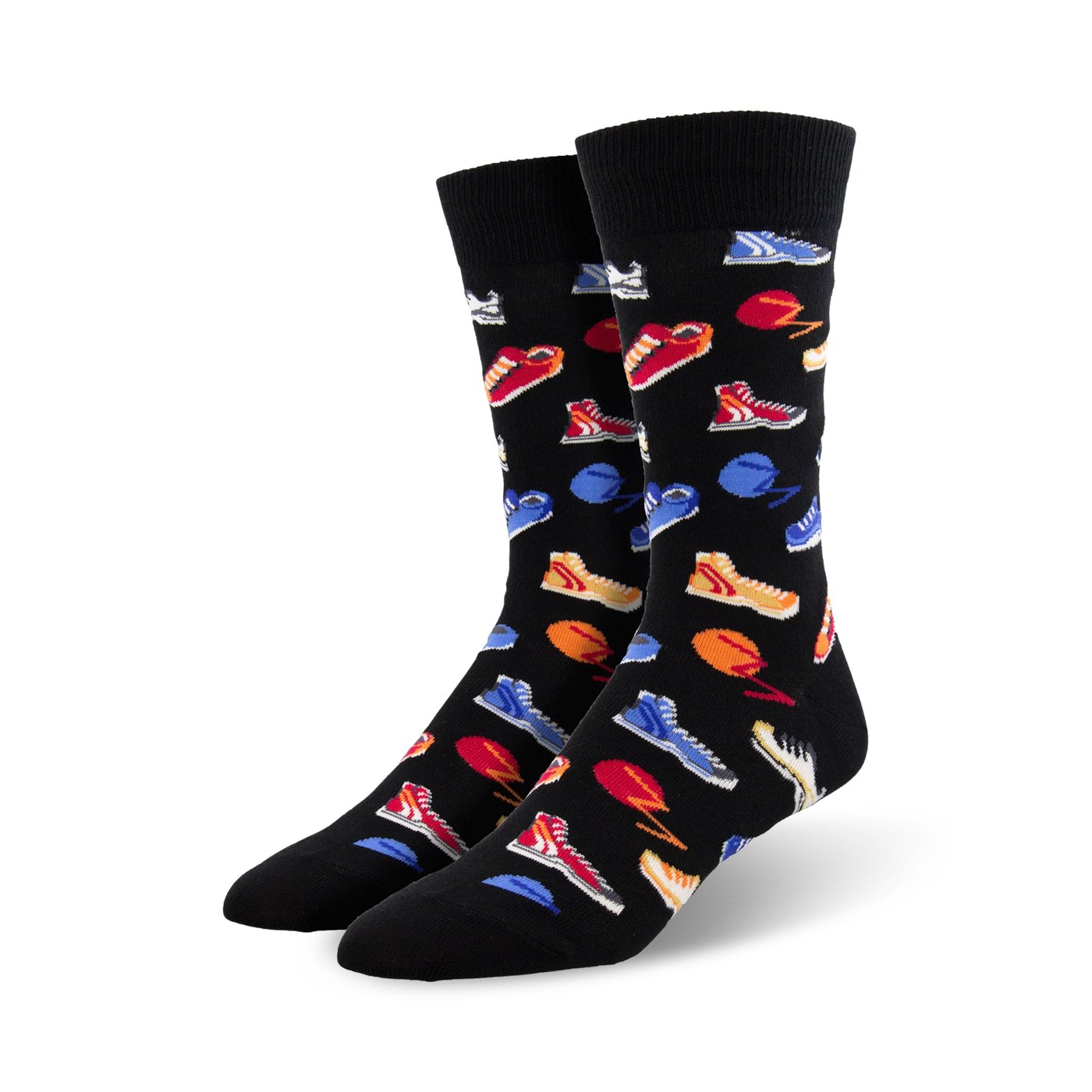 Pair of black crew socks with a colorful sneaker print. The sneakers are red, blue, orange, and white on a black background.