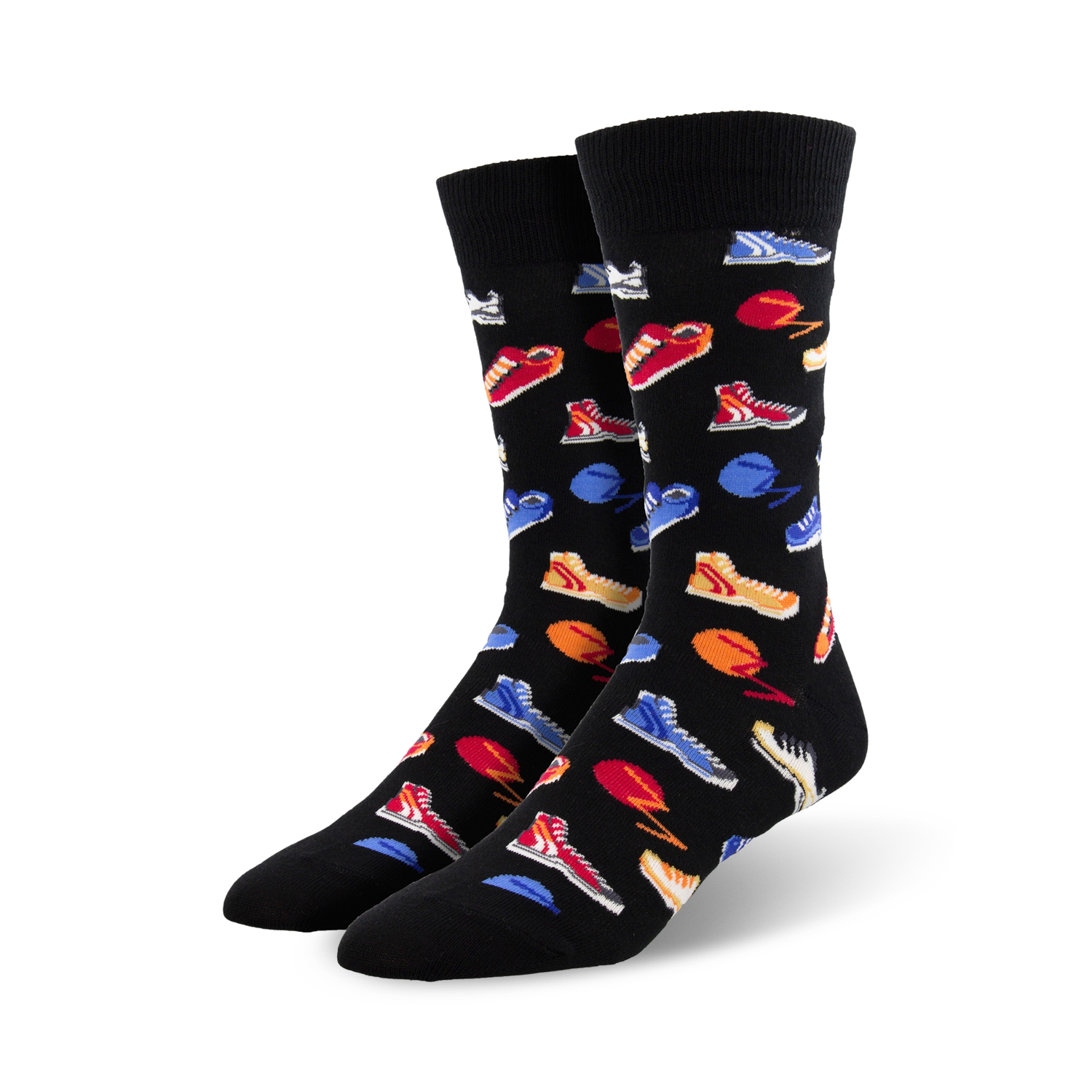 Pair of black crew socks with a colorful sneaker print. The sneakers are red, blue, orange, and white on a black background.