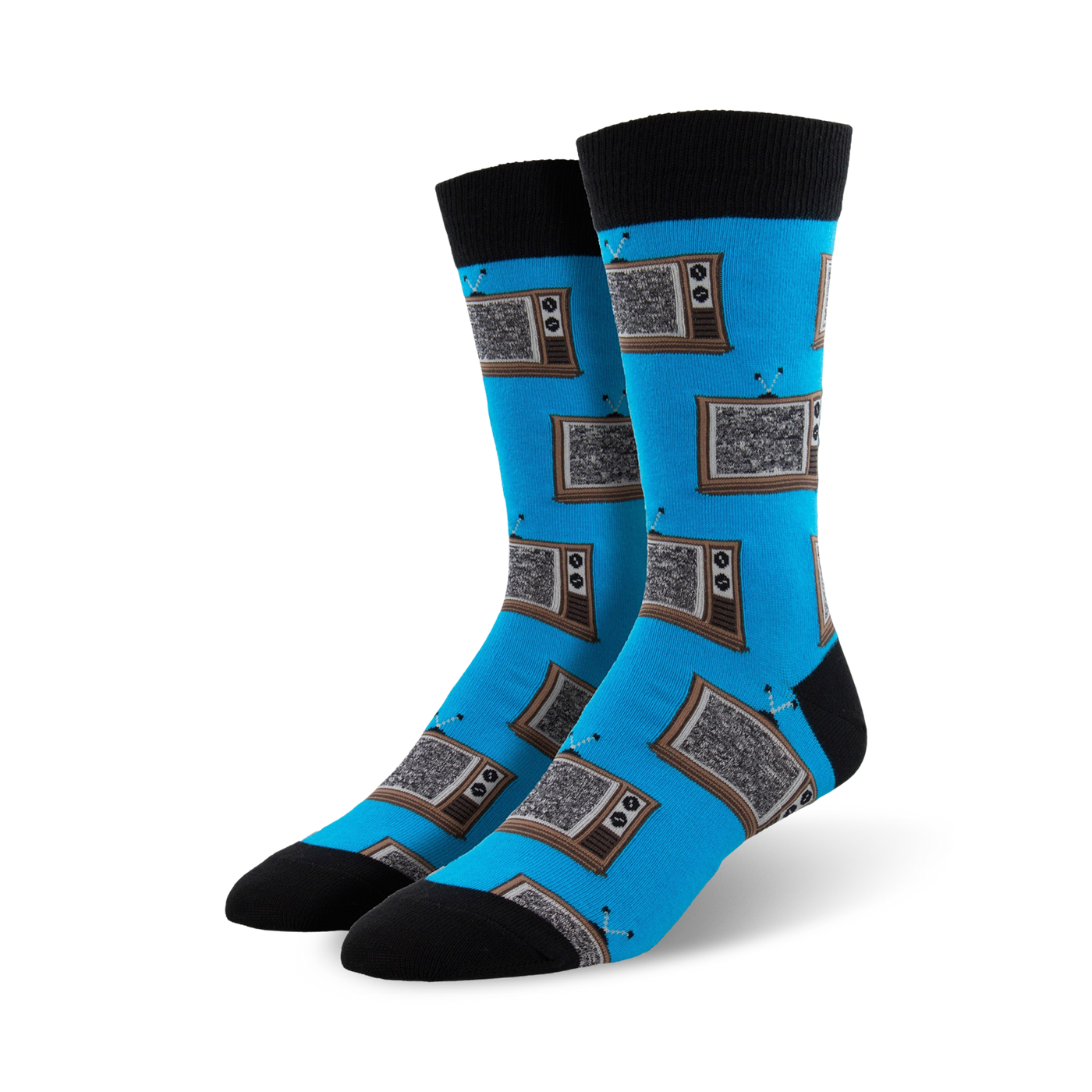 A pair of men's crew socks in bright blue, adorned with a pattern of retro brown and grey televisions.  Black cuffs add a stylish contrast.