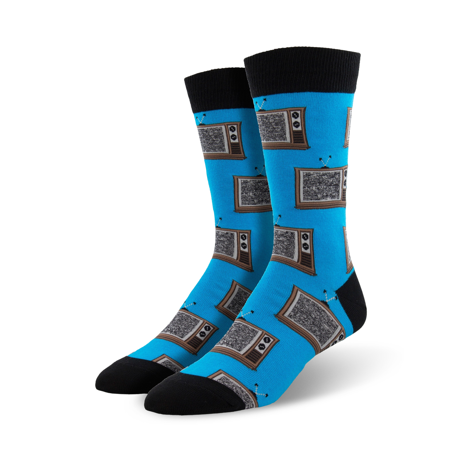 A pair of men's crew socks in bright blue, adorned with a pattern of retro brown and grey televisions.  Black cuffs add a stylish contrast.