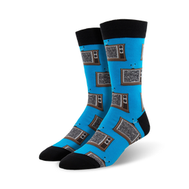 mens novelty crew socks with a pattern of classic tube televisions with fuzzy screens in gray and black.  