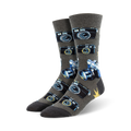A pair of grey crew socks with a pattern of vintage cameras and lenses in blue and black. 