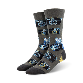 picture perfect camera themed mens grey novelty crew socks