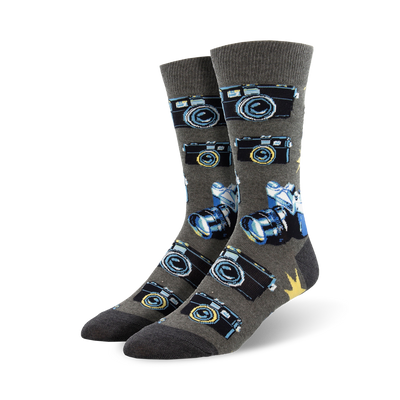 gray mens crew picture perfect socks with cartoon cameras   