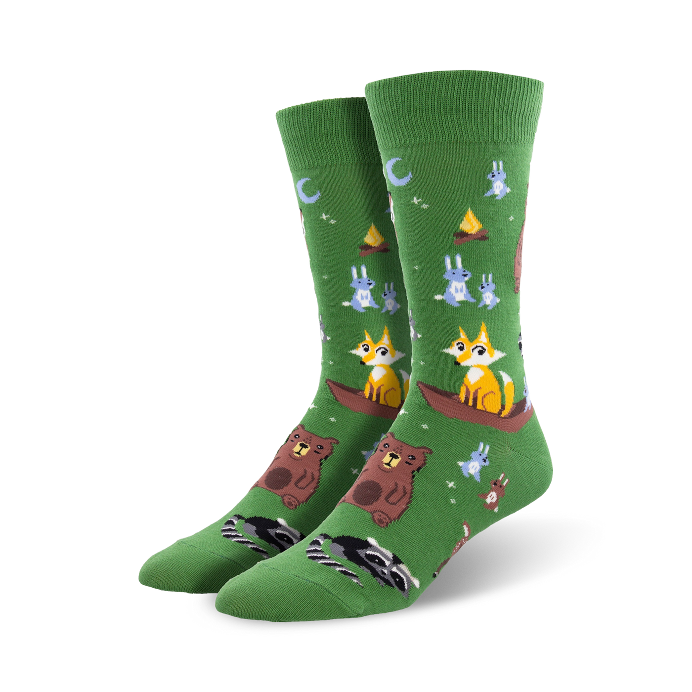 Crew socks in green with illustrated foxes, bears, bunnies, and raccoons enjoying a camping scene. 