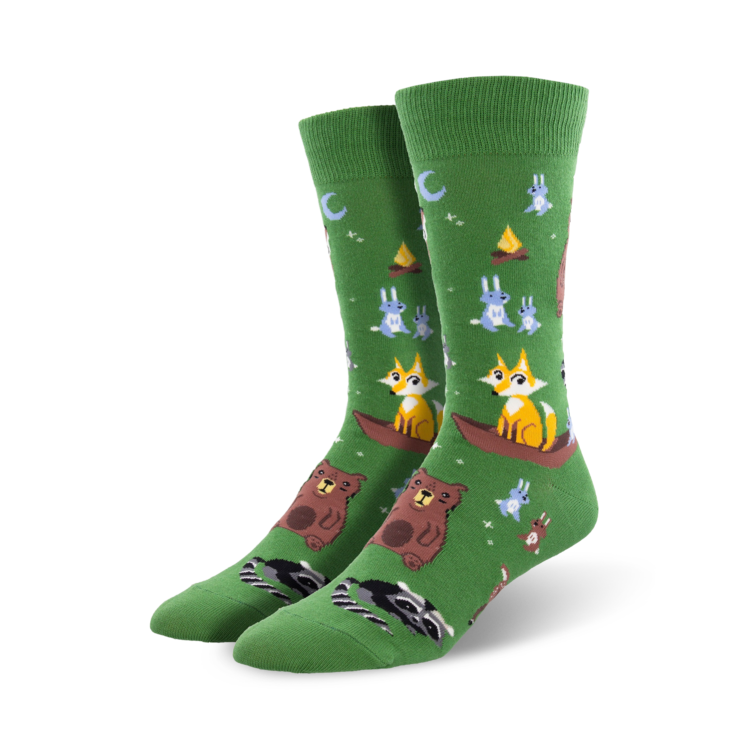 Crew socks in green with illustrated foxes, bears, bunnies, and raccoons enjoying a camping scene. 