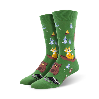 green mens crew socks with a pattern of brown bears, red foxes, blue and gray rabbits, and black raccoons engaged in woodland activities.  