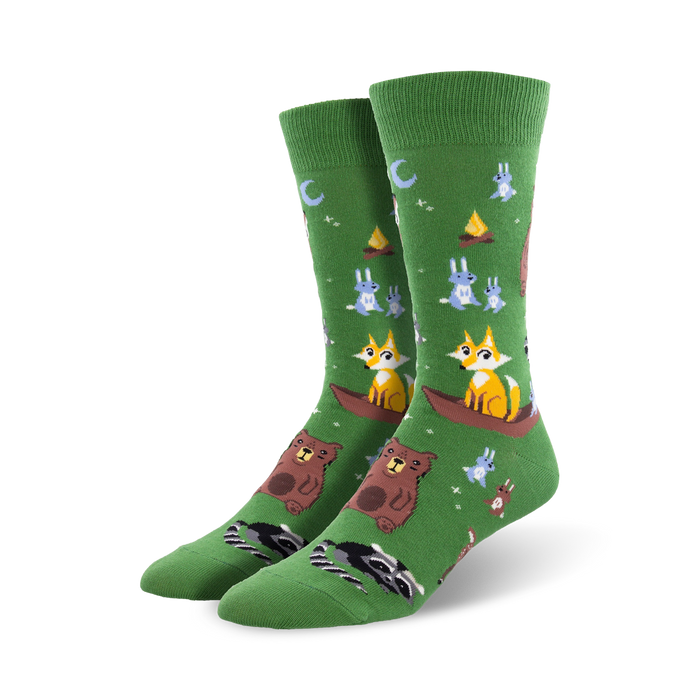 green mens crew socks with a pattern of brown bears, red foxes, blue and gray rabbits, and black raccoons engaged in woodland activities.   }}