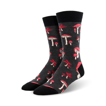 dark gray crew socks with whimsical red and white mushroom pattern for men seeking comfy and lighthearted attire.  