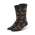Pair of dark gray crew socks with a repeating pattern of brown snails. Fun and quirky design.