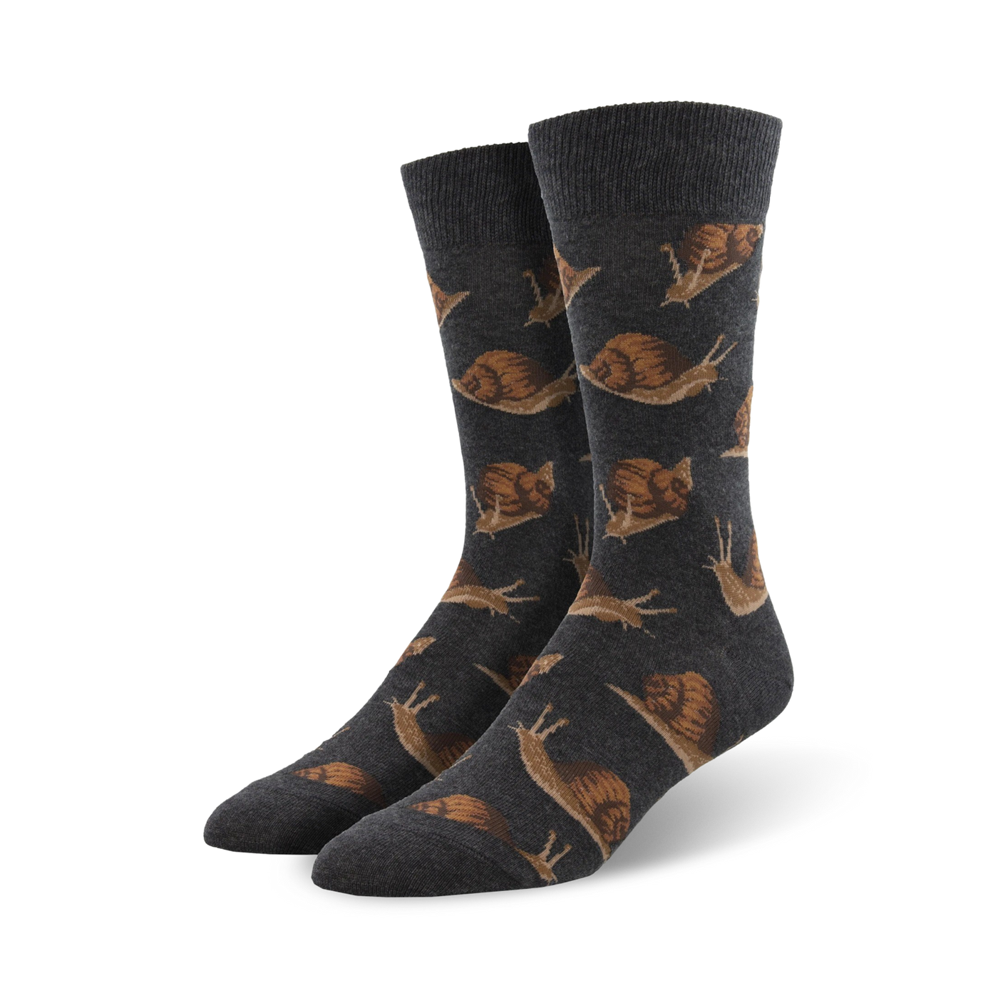 Pair of dark gray crew socks with a repeating pattern of brown snails. Fun and quirky design.