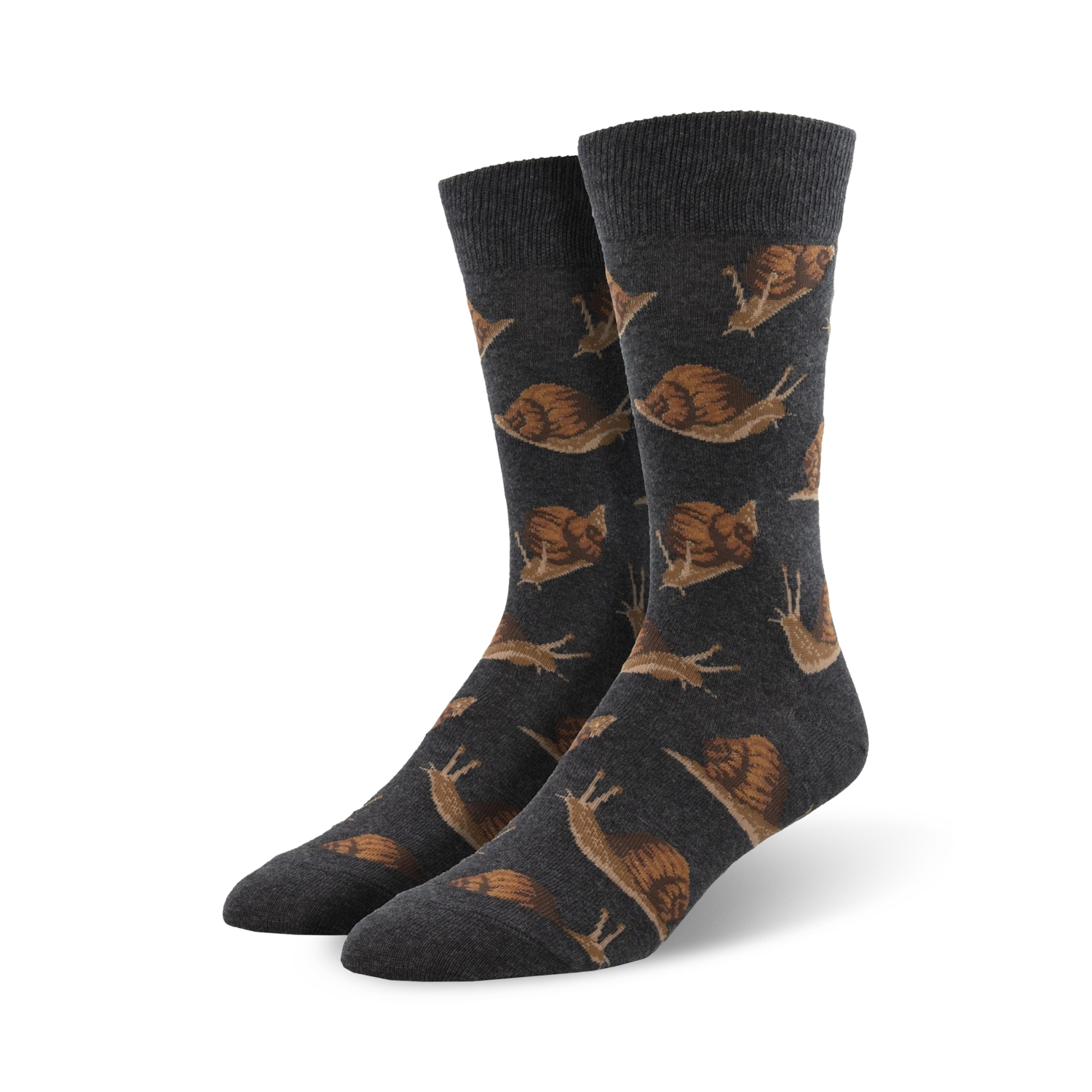 Pair of dark gray crew socks with a repeating pattern of brown snails. Fun and quirky design.