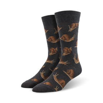 men's dark gray crew socks with an adorable brown snail pattern.   