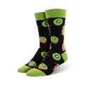 A pair of crew socks with a black background, lime green cuffs, and a fun pattern of kiwi fruit slices and kiwifruit birds.