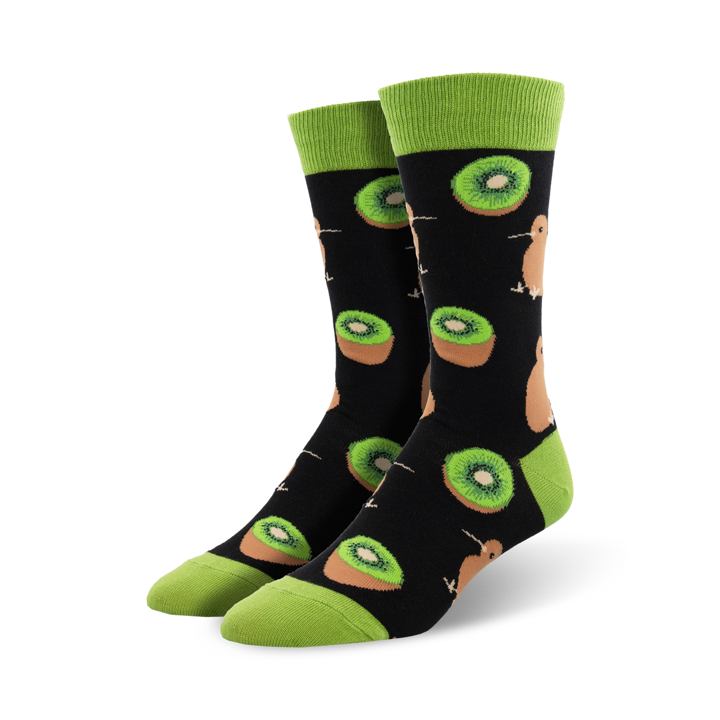 A pair of crew socks with a black background, lime green cuffs, and a fun pattern of kiwi fruit slices and kiwifruit birds.