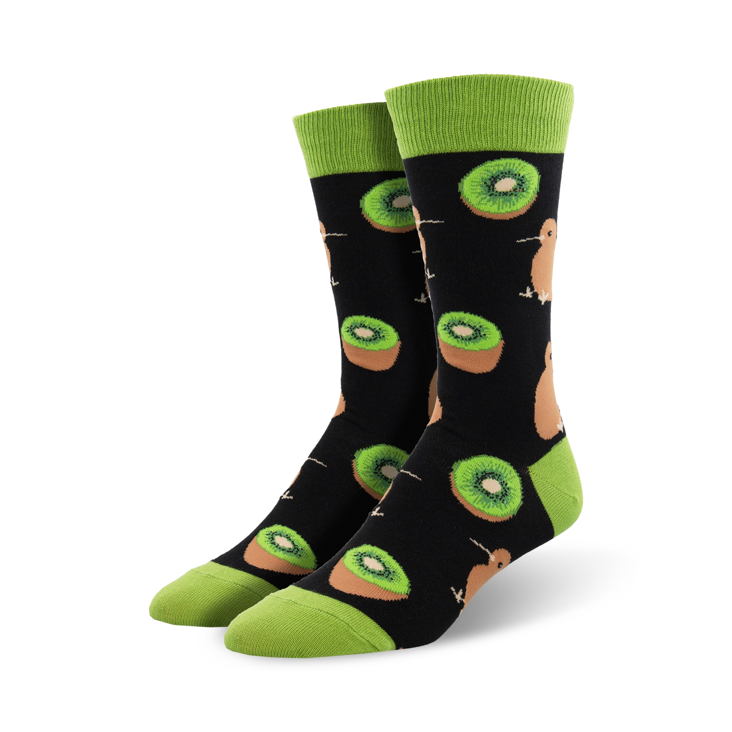 A pair of crew socks with a black background, lime green cuffs, and a fun pattern of kiwi fruit slices and kiwifruit birds.