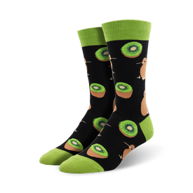 black crew socks with green toe and heel feature kiwi fruit and kiwi birds pattern.  