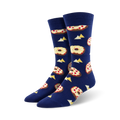 Pair of navy blue crew socks with repeating pizza and bagel images, separated by small yellow triangles.