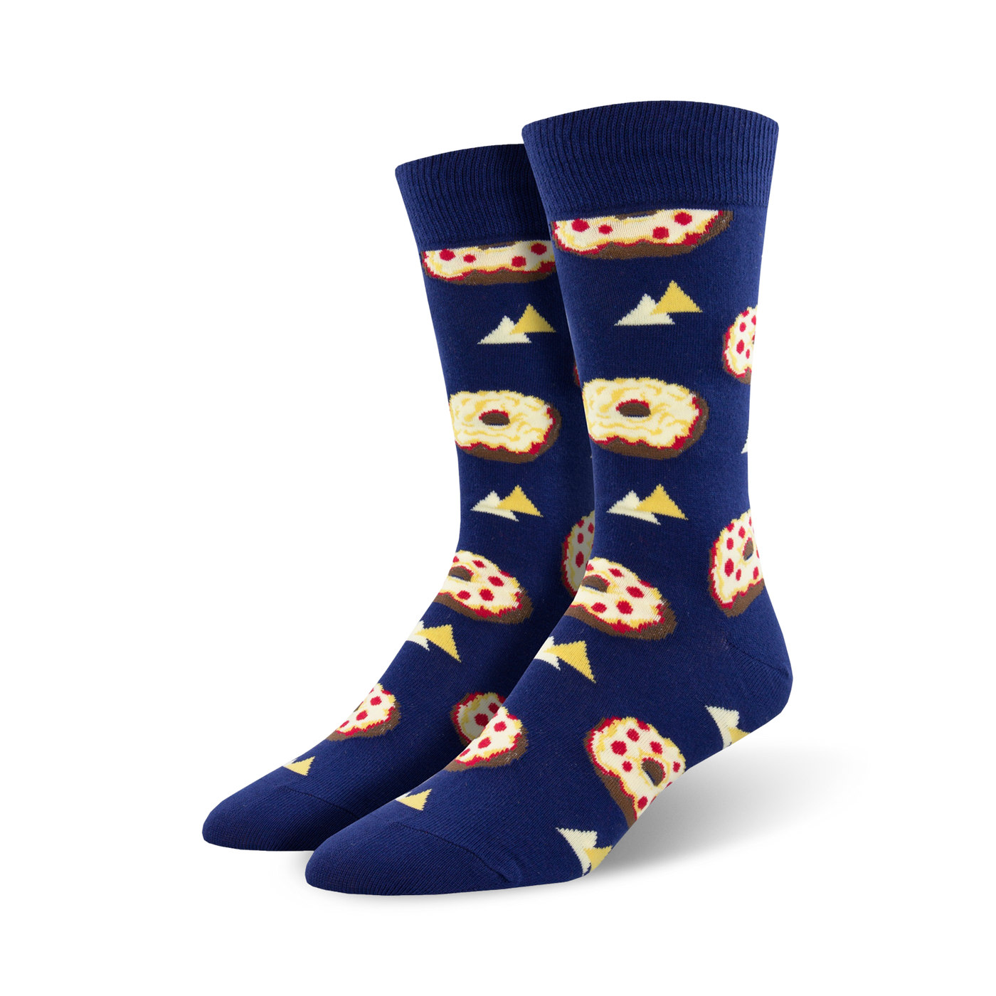 Pair of navy blue crew socks with repeating pizza and bagel images, separated by small yellow triangles.