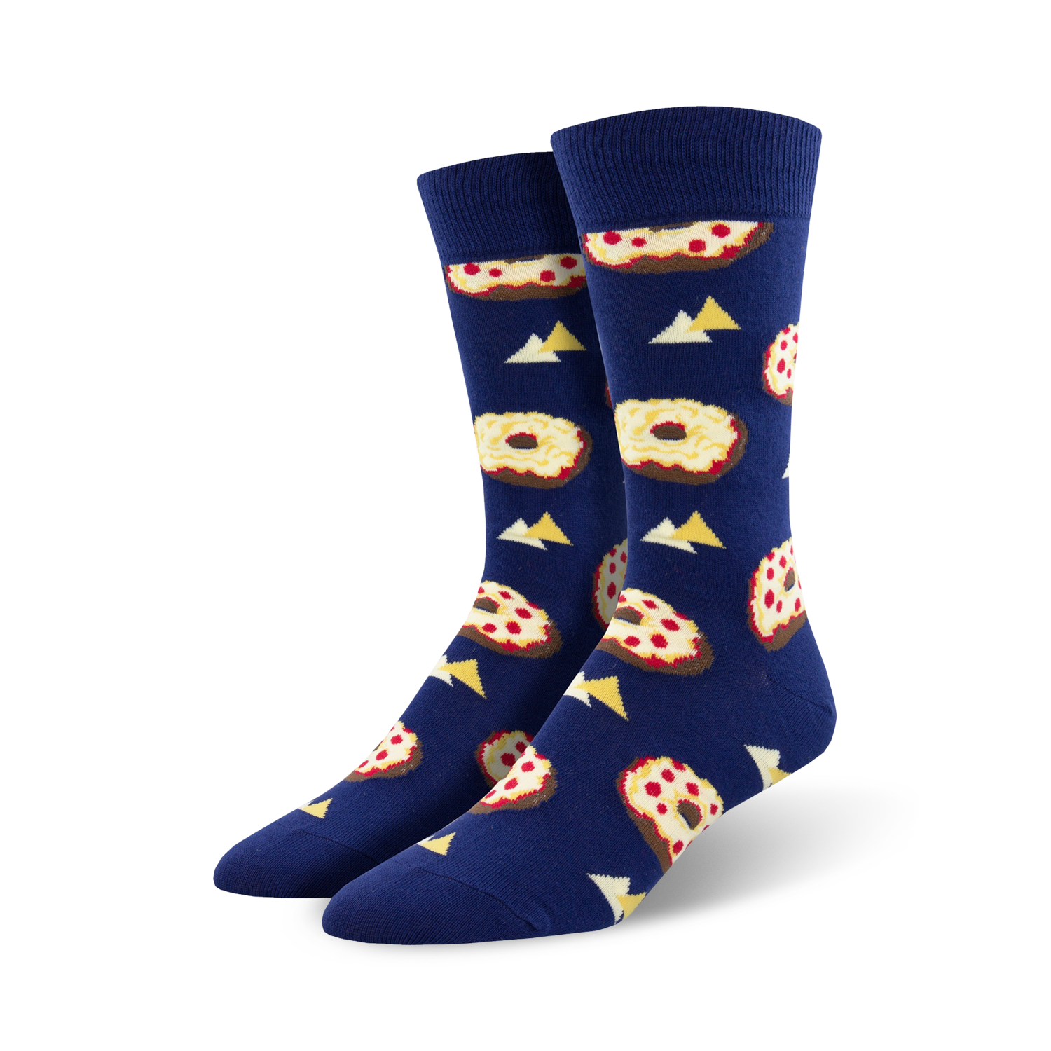 Pair of navy blue crew socks with repeating pizza and bagel images, separated by small yellow triangles.