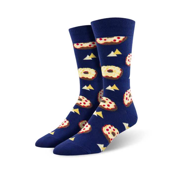 unisex crew socks with pattern of photoreal pizza slices with triangles.    }}