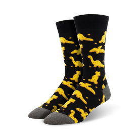 black crew socks with yellow dino nugget pattern for mens.  