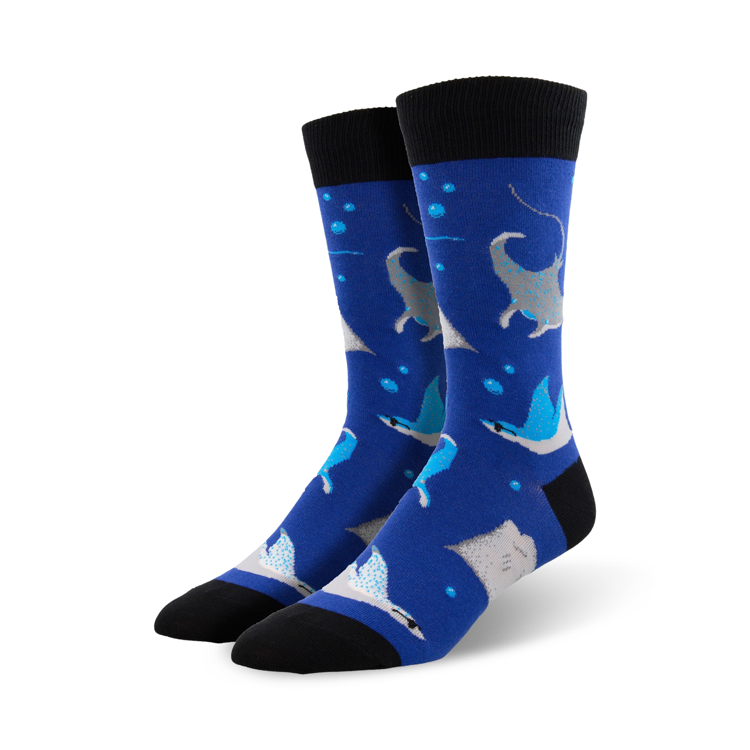 A pair of men's crew socks in blue, adorned with gray manta rays, light-blue stingrays, and white bubbles.  The socks have black cuffs.