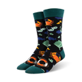 Pair of black crew socks with a fun ocean design. Features colorful fish, crabs, anchors, and life preservers.