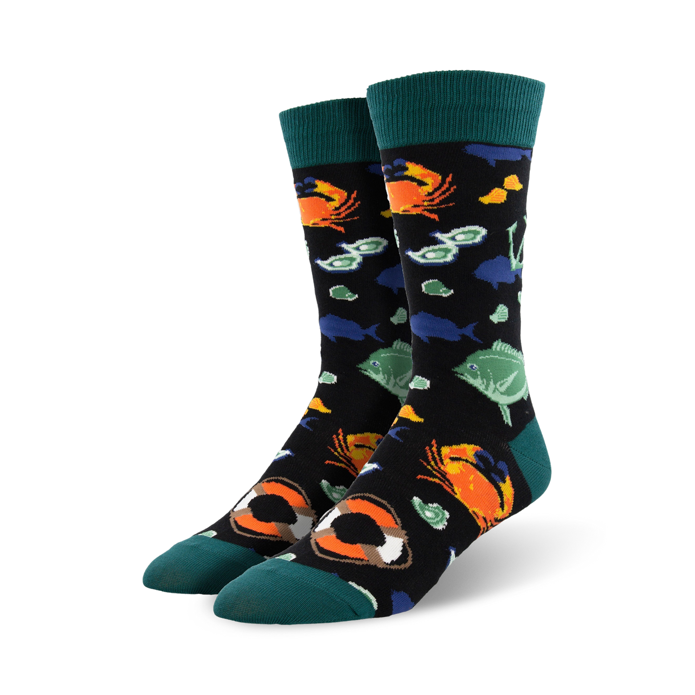 Pair of black crew socks with a fun ocean design. Features colorful fish, crabs, anchors, and life preservers.