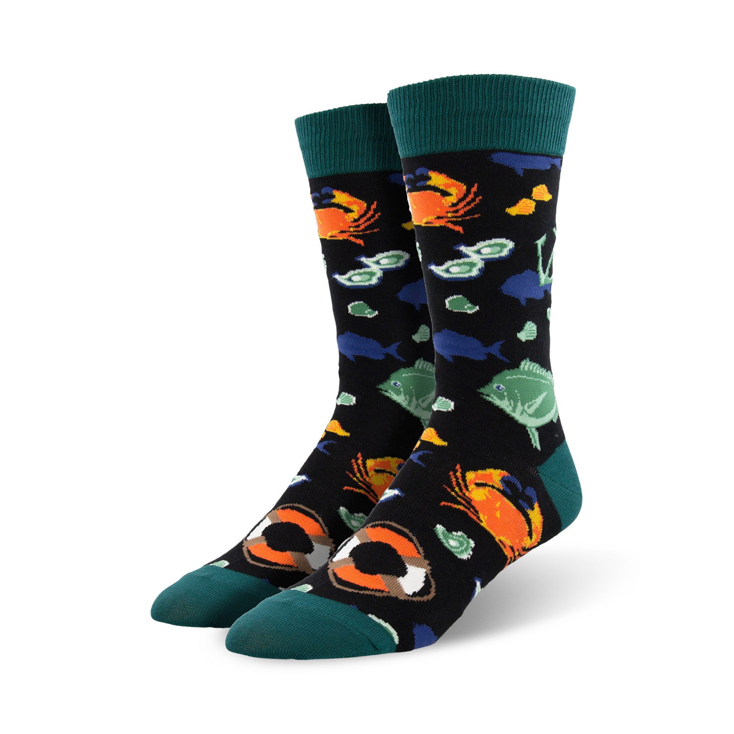 Pair of black crew socks with a fun ocean design. Features colorful fish, crabs, anchors, and life preservers.