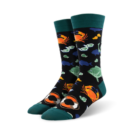 black crew socks with a pattern of sea creatures, buoys, and a life preserver.  
